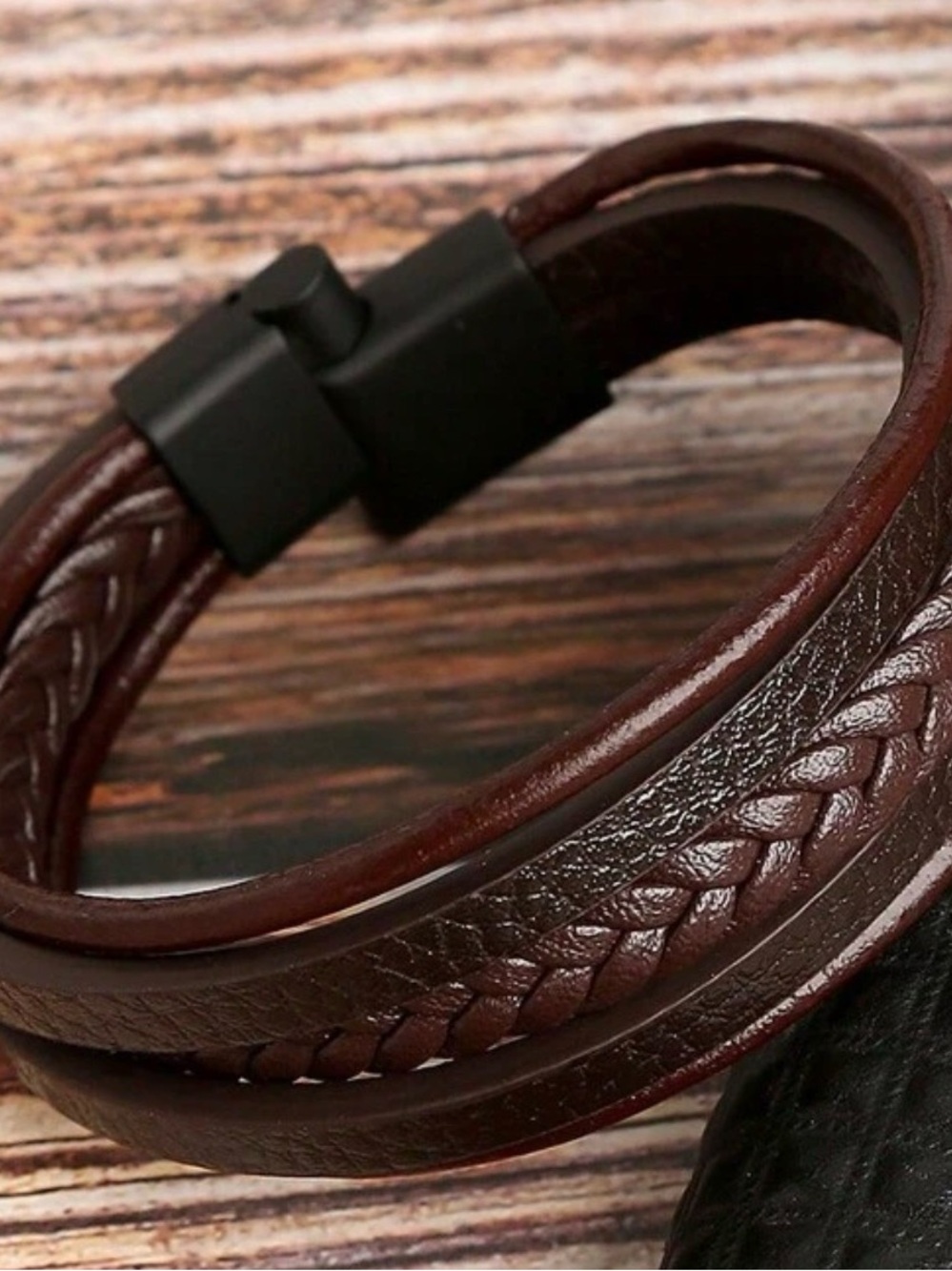 Men's Brown Braided Vegan Leather Bracelet with Black Magnetic Clasp